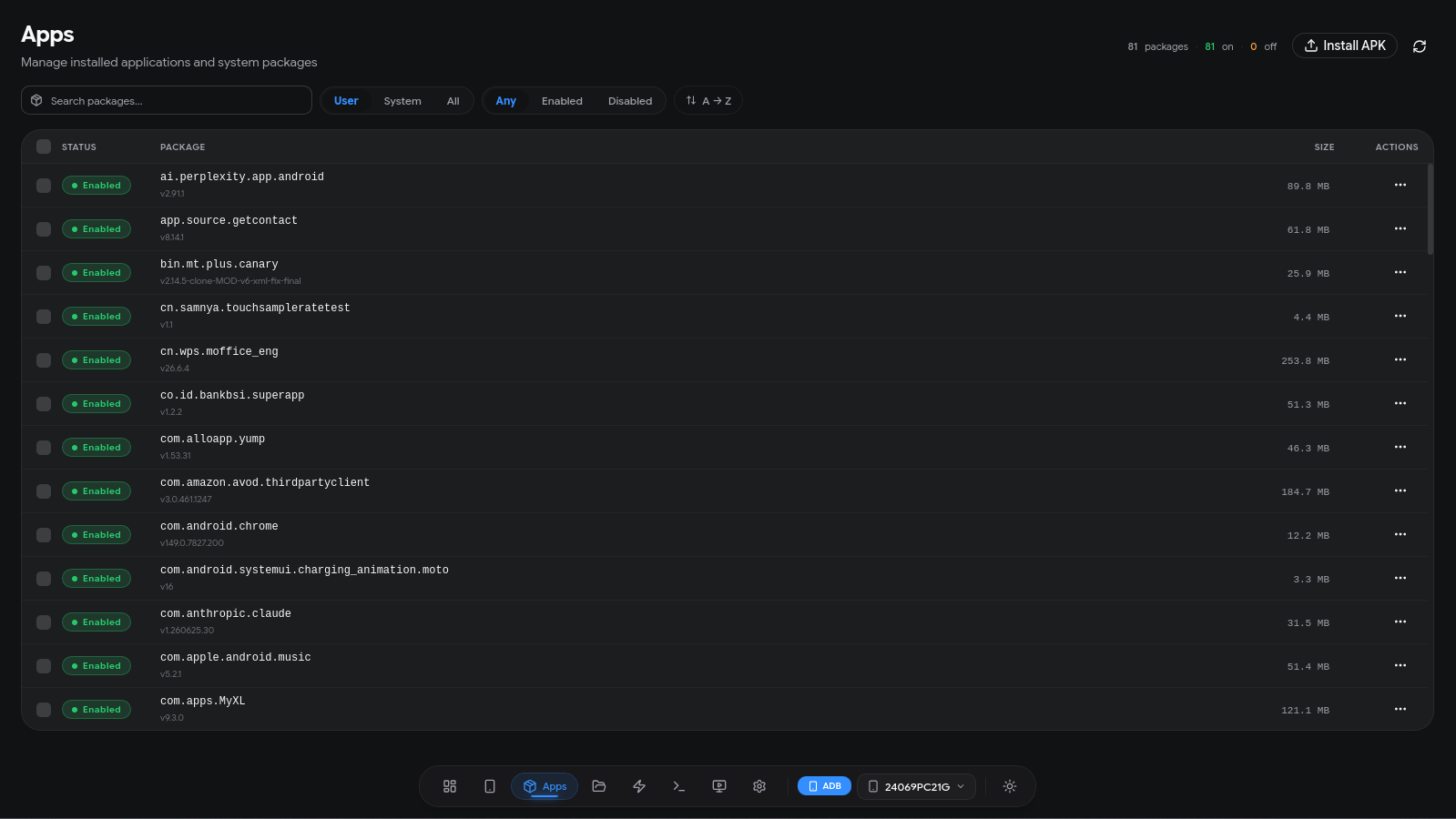 ADBKit Apps view showing a searchable list of installed Android packages