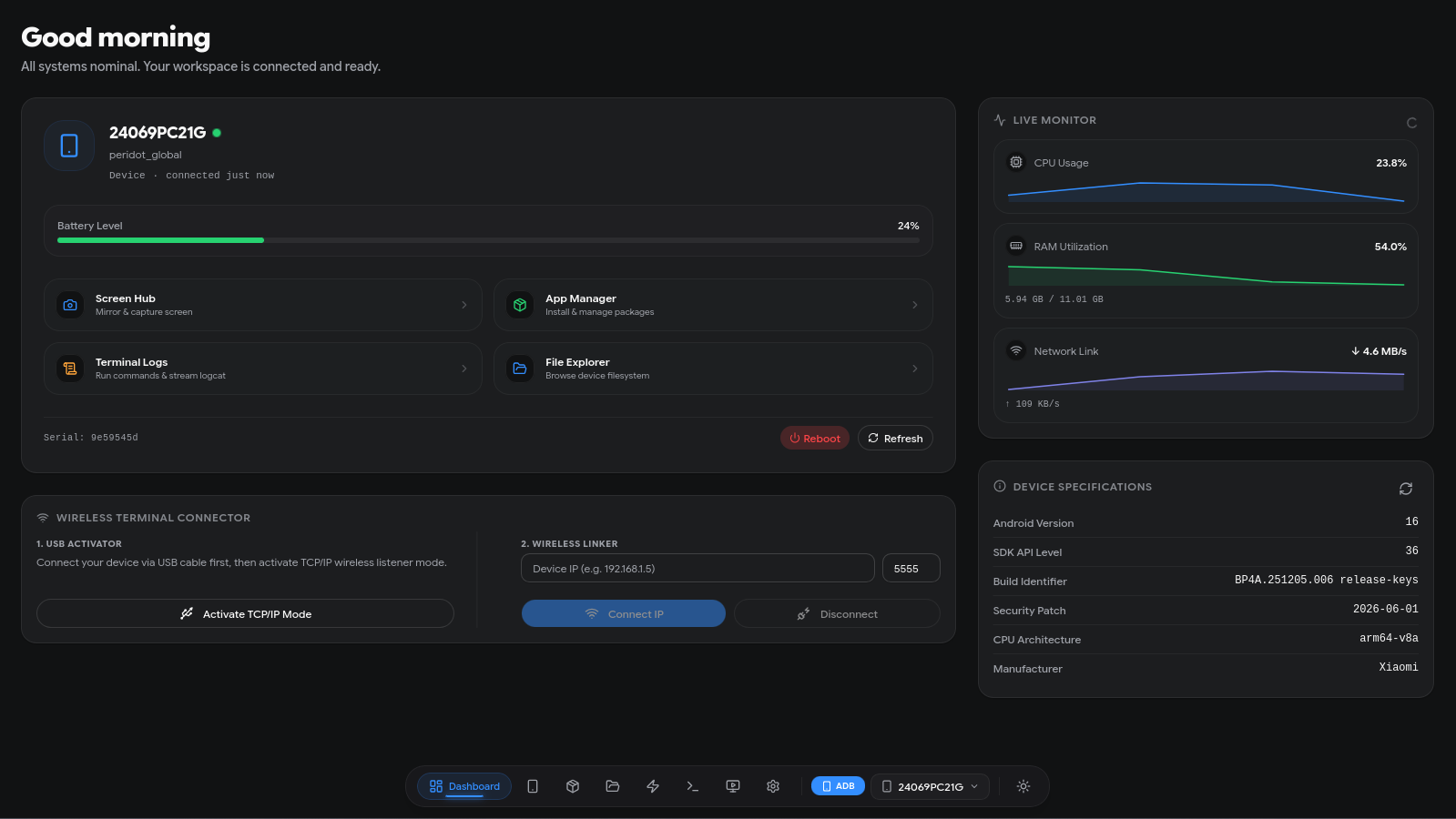 ADBKit dashboard showing a connected Android device, live monitor, and quick actions