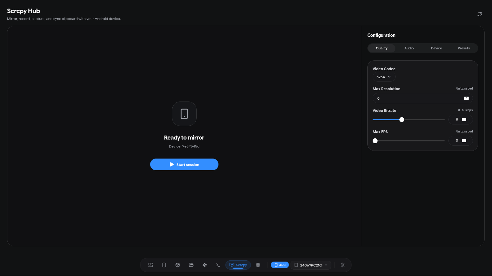 ADBKit Scrcpy Hub ready to mirror an Android device with configuration controls