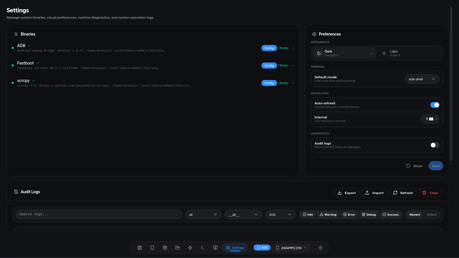 ADBKit Settings with binary manager, preferences, and audit logs