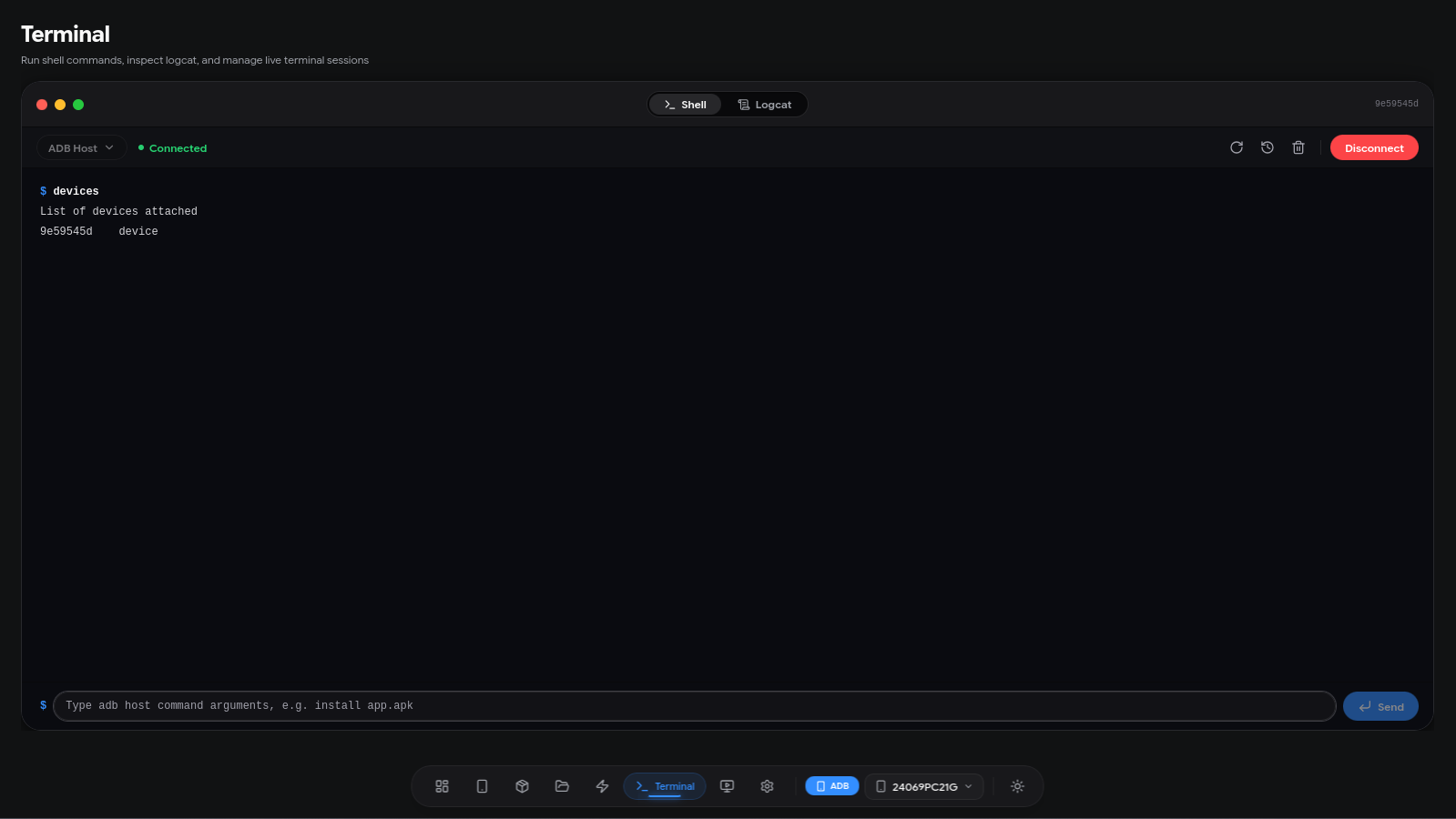 ADBKit Terminal view with a connected ADB host and device command output